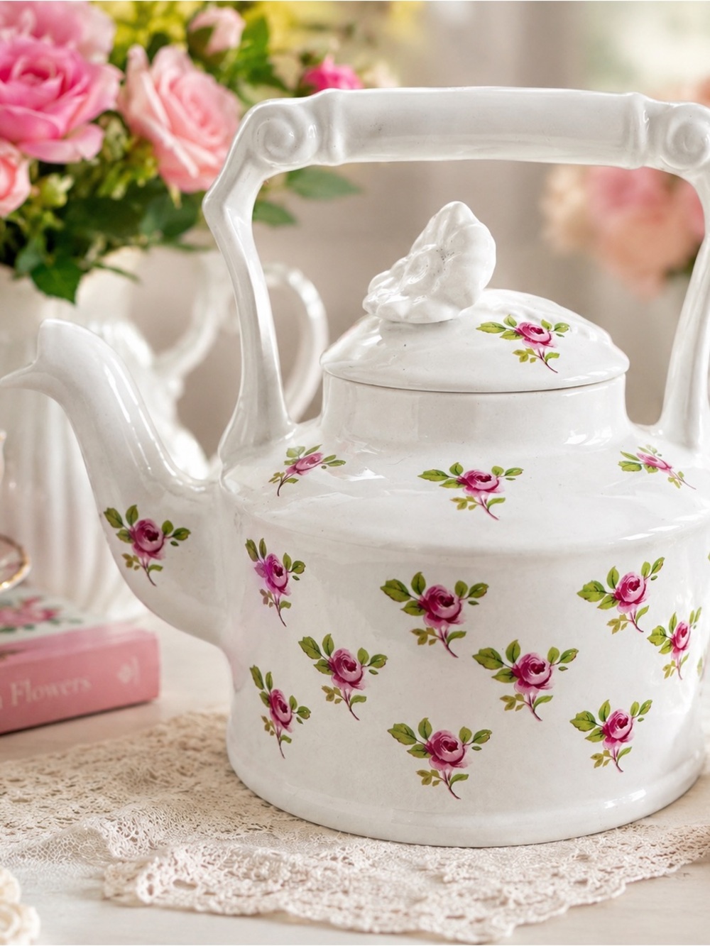 Arthur Wood Made In England Pink Rose Teapot Bird Lid Cottagecore Floral Ceramic
